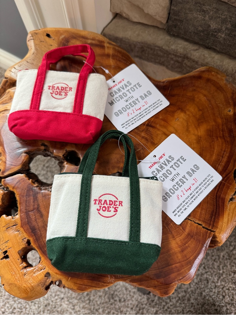Lot of 2 Trader Joe’s Canvas Micro Tote Grocery Bag Red & Green New With Tags